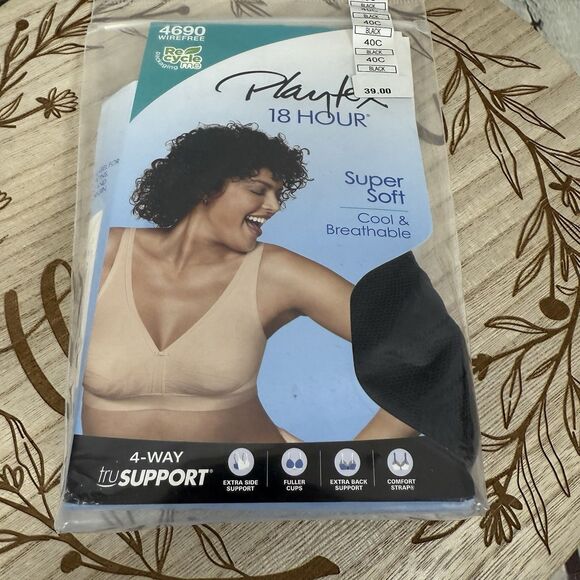 Playtex 18 hr Lace Bra Women Size 40C Black Wireless Smooth Breathable - Picture 6 of 7